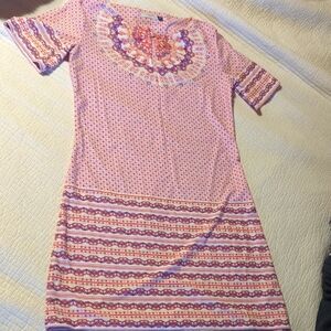 Cabana Life Pink Patterned Midi Dress with Multicolor Embellished Yoke